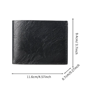 Slim men's bifold wallet in black litchi grain leather with detailed dimensions