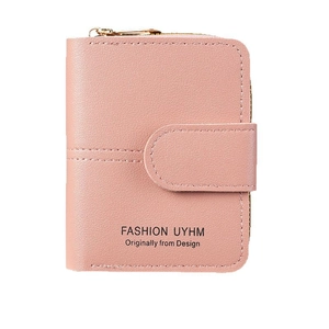 Pink short PU leather wallet for women with zipper and snap closure stylish design