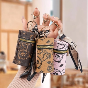 Mini leather pouch keychain with bear pattern and silk scarf for coins and lipsticks
