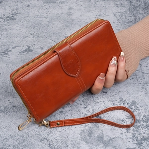Portefeuille Long en Cuir PU Ciré Rétro pour Femmes Grande Capacité Pochette de Téléphone à Fermeture Éclair avec Dragonne