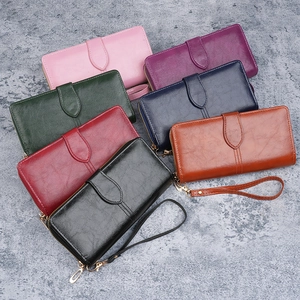 Portefeuille long pour femme en cuir ciré à sept couleurs avec boucle feuille et dragonne