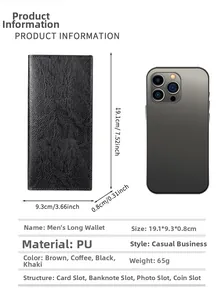 Dünne lange Herrenbrieftasche in Schwarz mit Maßen 19.1x9.3x0.8cm und Lychee-Muster