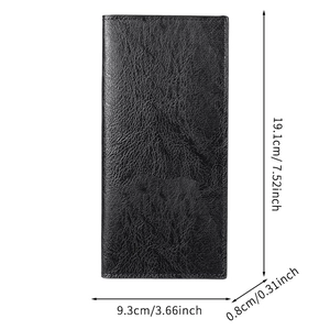 Slim long black leather wallet for men featuring dimensions 19.1x9.3x0.8cm in minimalist style