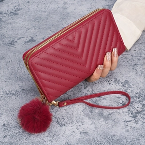 Women Long Wallet V-Shaped Embroidered Chevron Quilted Double Zipper Clutch Purse With Wristlet Strap Pom-Pom Keychain Pendant