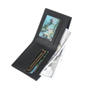 Slim bi-fold men's wallet in black leather featuring card slots and clear photo window