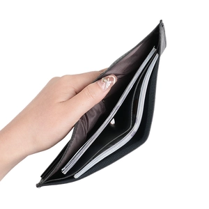 Short black bifold wallet for men featuring multiple large capacity card slots