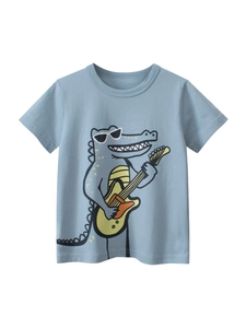 Kids Short Sleeve T-Shirt Pure Cotton Cartoon Crocodile Guitar Print Summer Casual Round Neck Boys Top