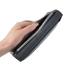 Slim long wallet for men in dark grey leather featuring multiple card slots and cash pocket