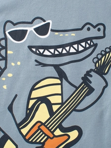 Blue-grey cotton kids t-shirt with a rocking cartoon crocodile playing guitar