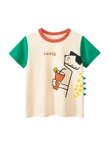 T-Shirt à Manches Courtes 100% Coton pour Garçons Dessin Animé Dinosaure 3D Nageoire Couleur Contrastée Col Rond Été