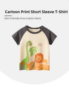 Detail of soft cotton kids t-shirt with raglan sleeves and cute cartoon animal print