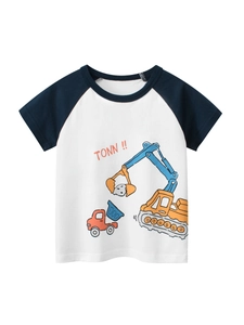 T-Shirt à Manches Courtes Raglan pour Garçons Pur Coton Imprimé Camion Excavatrice Dessin Animé Couleur Contrastée Col Rond Été