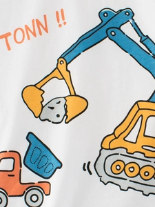 T-shirt blanc en coton pour garçons avec imprimé dessin animé d'excavatrice et camion