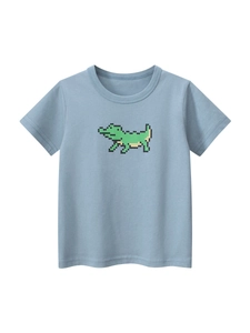 T-shirt per bambini in cotone celeste con stampa coccodrillo pixel art e girocollo