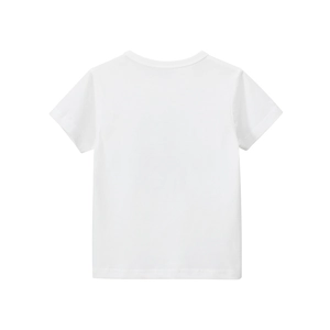 Close-up of white cotton t-shirt back view showing premium fabric texture and neat stitching