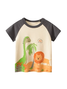 Boys Raglan T-Shirt Cotton Short Sleeve Round Neck Cartoon Dinosaur Lion Print Casual Summer Contrast Color Tee