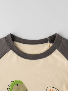 Kids round neck raglan t-shirt with cartoon dinosaur print in beige and grey