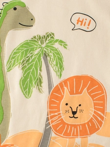 Kids cotton T-shirt featuring cartoon dinosaur and lion prints with 'Hi' speech bubble