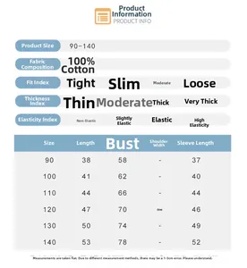 Detailed size chart for kids 100% cotton long sleeve T-shirt with measurement specifications