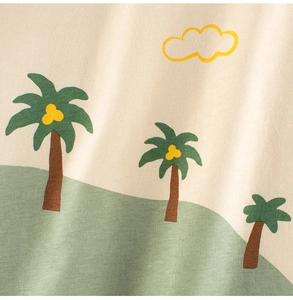Close-up of cotton fabric with palm trees, hills and clouds cartoon pattern for kids