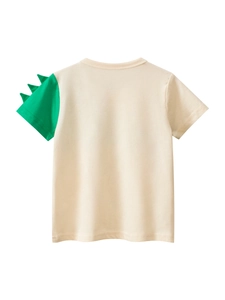 Boys' beige cotton T-shirt with green sleeve and 3D dinosaur fin decoration