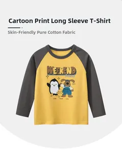Detail of soft cotton kids long sleeve t-shirt with cartoon animal print and raglan sleeves