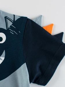 Kids dinosaur t-shirt with navy blue cotton fabric and 3D orange back spikes detail