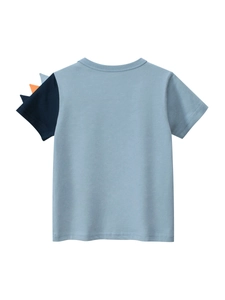 Blue cotton kids T-shirt with dinosaur 3D fins on sleeve for boys summer wear