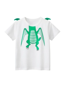 Kids white cotton T-shirt with green dinosaur print and 3D shoulder decorations