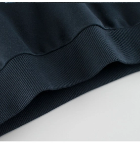 Close-up of navy blue ribbed knit cuffs showing high-quality cotton fabric texture