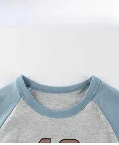 Detail of the crew neck and raglan sleeve stitching on the gray cotton boys' t-shirt