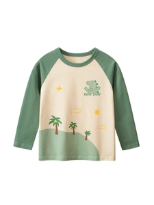 Boys Long Sleeve T-Shirt Pure Cotton Raglan Round Neck Cartoon Dinosaur Print Casual Spring Autumn Tops