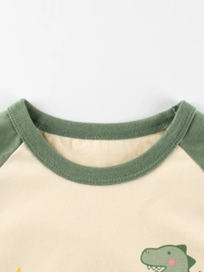 Close-up of children's cotton t-shirt with green crew neck and cute dinosaur print