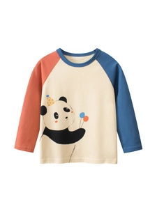 Kids Boys 100% Cotton Long Sleeve T-Shirt Cartoon Panda Print Raglan Sleeve Color Block Casual Crew Neck Pullover Top