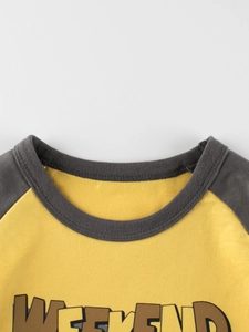 Yellow and dark grey raglan sleeve cotton t-shirt with WEEKEND print for kids