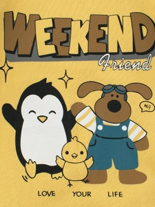 Yellow long sleeve t-shirt for kids featuring cute cartoon animals and weekend print