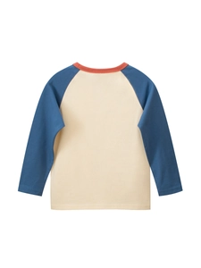 Kids long sleeve raglan T-shirt with blue sleeves and red collar back view layout