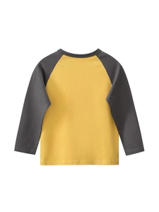 Yellow kids raglan long sleeve t-shirt with grey sleeves on white background back view