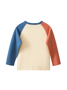 Kids long sleeve raglan T-shirt with navy and orange sleeves on beige cotton fabric