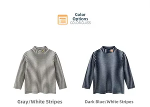 Detail of high neck striped kids' t-shirts with embroidered bear patch in grey and navy