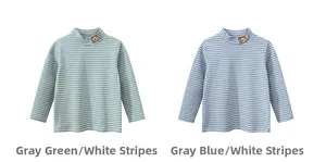 Detail of striped kids long sleeve shirts with cute bear embroidery on the collar