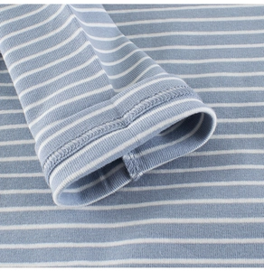 Macro detail of high-quality double-needle stitching on blue striped cotton sleeve cuff