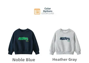 Front view of kids crewneck sweatshirts in navy blue and heather grey colors