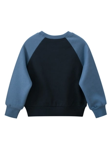 Back view of kids raglan sleeve sweatshirt in black and dusty blue cotton fabric