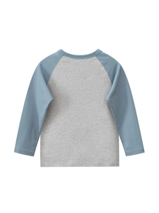 Boys long sleeve raglan T-shirt with grey body and light blue sleeves on white background