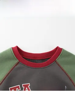 Detail display of kids fleece sweatshirt neckline featuring contrast ribbed collar and cozy lining
