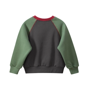 Detail of color-block kids sweatshirt featuring grey body, green sleeves and red neckline