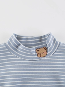 Kids light blue striped turtleneck top with a cute brown bear embroidery detail