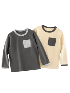 Jungen Casual Langarm T-Shirt Reine Baumwolle Rundhals Kontrastfarbe Kontrasttasche Top Für Frühling Herbst Kinder Kleidung