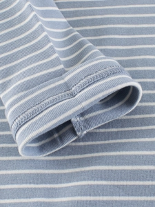 Blue striped kids knit sweater showing cuff detail and soft cotton texture close-up
